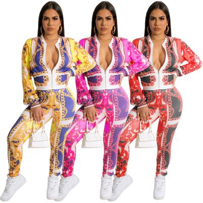 China 2022 New Arrivals Autumn Women's QUICK DRY Clothing Sheath Long Print Zipper Up Jacket Pants Two Piece Set for sale