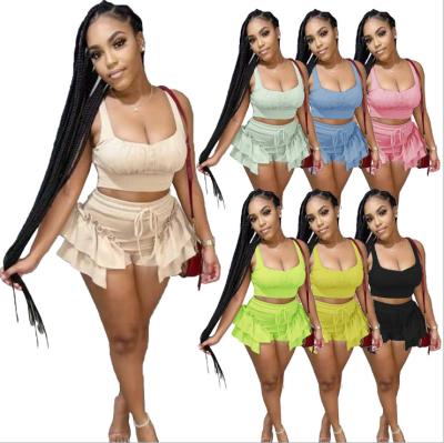 China 2022 Anti-wrinkle women ruched crop tank top drawstring ruffle shorts 2 pieces of summer shorts set wholesale for sale