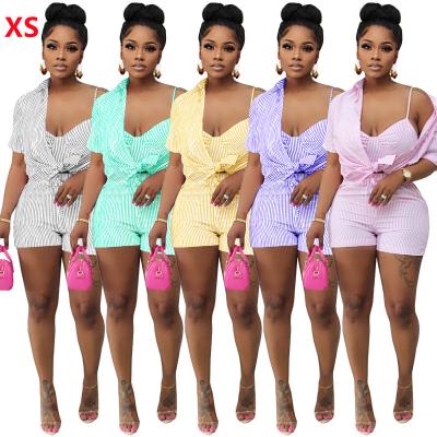 China 2022 Summer Women's Leisure Stripe Sleeve Short QUICK DRY Halter Shirt Top Vest Shorts 3 Piece Set for sale