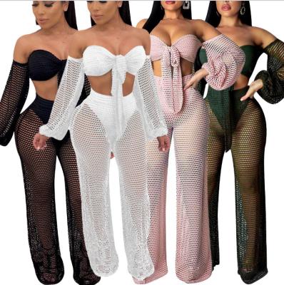 China Anti-wrinkle summer beach wear simple color hollow out sexy women off the shoulder pants two-piece set for sale