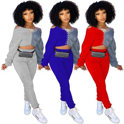 China 2021 QUICK DRY women fall front tie up two piece set quilting crop top joggers cardigan slacks pants for sale