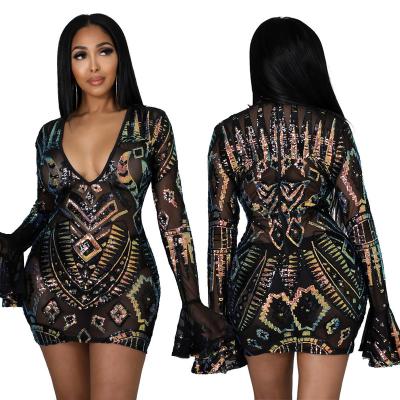 China 2022 Wholesale Anti-wrinkle women black sexy see through sleeves sequin dress night clubwear transparent long sleeve flare mini dress for sale