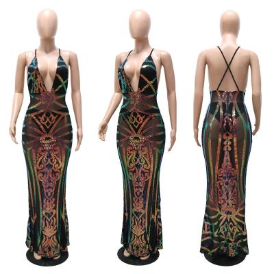 China Ankle-Length Club V Dress Mesh Teal Sequin Fashion Nightwear Sheer Sexy Deep Backless Anti-Static Dress for sale