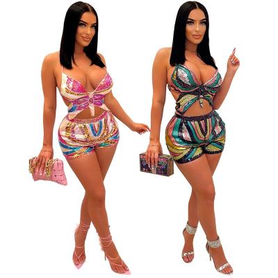 China 2022 Summer Ladies QUICK DRY Sequins Suits Club Outfits For Women Sexy Backless Two Piece Short Set for sale