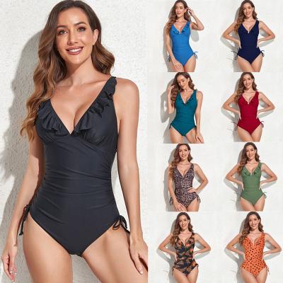 China 2022 New women's v-neck sexy Anti-UV ruffles multi-color with side line bikini one-piece swimsuit for sale