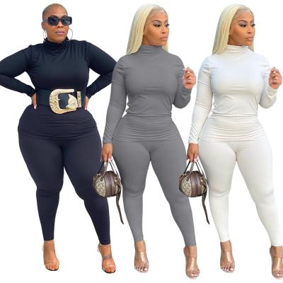 China 2 Piece Set Autumn Women Clothing Solid Plus Size Long Sleeve Elastic High Neck Jumpsuits Gaiters Sweatshirt for sale