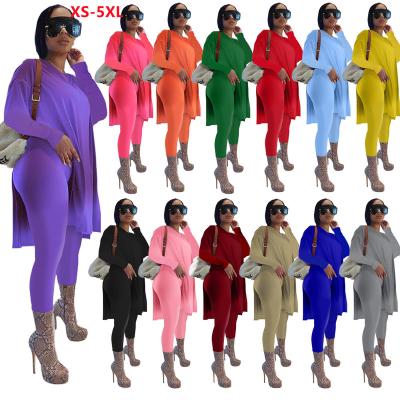 China 2021 QUICK DRY Falls Split Main Long Sleeve 2 Piece Set Solid Color Women Clothing Set Split Two Piece Pants Set for sale