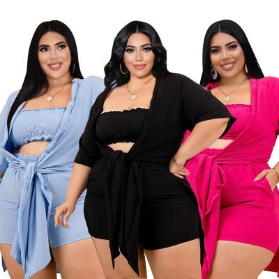 China 2022 Summer Sustainable Clothing Plus Size XL-5XL Tube Top 3 Piece Panties Set For Women Clothing Solid Shorts Three Piece Set With Pockets for sale