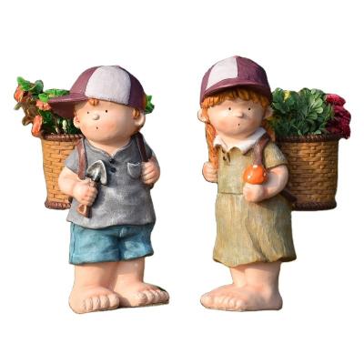 China Cute Europe Garden Boys and Girls Statues Plant Pots Resin Fiberglass Garden Pots Kids Outdoor Gifts Decorations for sale