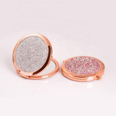 China Skyey Care Customized Enlargement Double Crushed Diamonds Crystal Logo Mirrors Portable Diamonds Makeup Mirror for sale