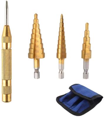 China 3Pcs Drilling Step Wood Standard Drill Bit Set With Machine Tools Automatic Spring Cone Punch Center Titanium Coated Metal for sale