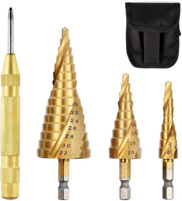 China 3Pcs Drilling Spiral Step Wood Drill Bit Set With Machine Tools Automatic Spring Cone Punch Center Titanium Coated Metal for sale