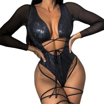 China 2023 New One Piece Swimsuit Strap Hollow Out Breathable Lace Up Long Sleeve Bikini Hot Stamping Swimwear for sale