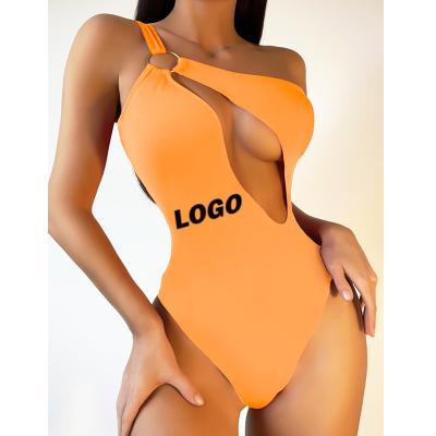 China Custom Private Label Swimwear Breathable One Shoulder Buckle Bikini Solid Color Fabric Eco-Friendly One Piece Swimwear for sale