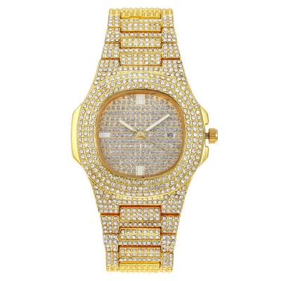 China 2021 Day/Date Hip Hop Jewelry Gold Plated Micro CZ Diamond Metal Men's and Women's Quartz Watch Roman Watches Luxury for sale