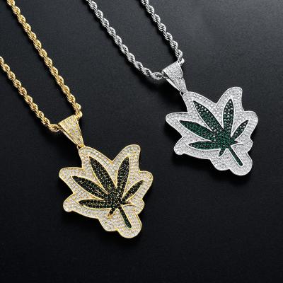 China Hip Hop Maple Leaf Hip Hop Pendant Gold Plated Hip Hop Green Men's Zircon Necklace Accessories for sale