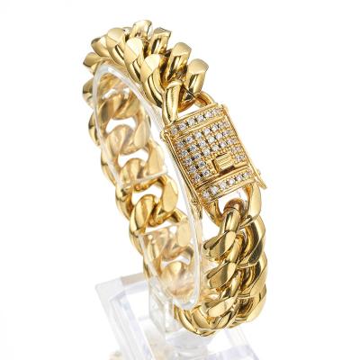 China Hiphop Men's Punk Cuban Link Bracelet 18K Gold Plated Stainless Steel Diamond Cuban Chain Bracelet 8/10/12/14/16/18mm Width for sale