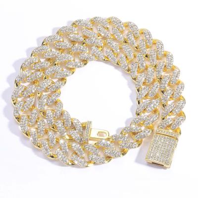 China Cheapest Hiphop Hip Hop Fashion Gold Necklace Claw Set Cuban Chain Rhinestone 15mm Wide Iced Out Mens Cuban Link Necklace Chain Jewelry for sale