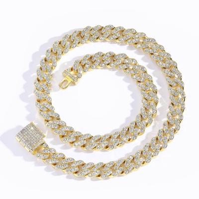 China Punk Yellow Cuban Chain Necklace Hiphop 12mm Miami Hip Hop Gold Plated Metal Alloy Necklaces Cuban Iced Out Chain Necklace For Women Men for sale