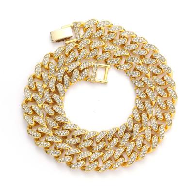 China Hiphop Hip Hop Necklace Gold Plated Chain Zinc Alloy Diamond Necklace Gold Claw Rhinestone Chains 13mm Cuban Link Set For Men's Jewelry for sale