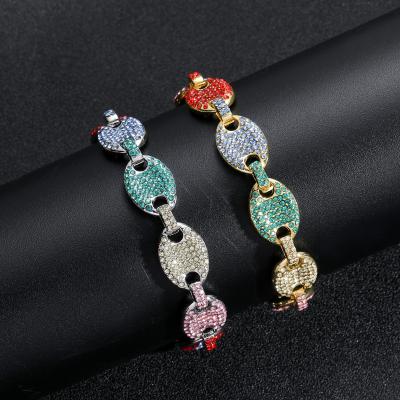 China New Arrival Hip Hop 12mm Pig Nose Chain Bracelet Iced Out Crystal Colorful Coffee Bean Bracelet Charm Jewelry For Men for sale