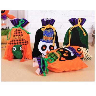 China Velvet Drawstring Halloween Candy Bag Cardboard Pictures Black Cat Spider Pumpkin Human Skeleton Magician for sale