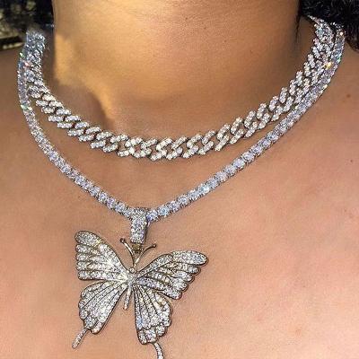 China New Hip Hop Bling Double Layer Hiphop Diamond Cuba Thick Chain Butterfly Necklace Full Large Butterfly Pendant Necklace for sale