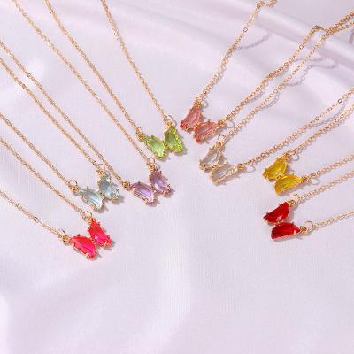 China Hiphop Fashion Women Glass Crystal Jewelry Beautiful Female Butterfly 18K Gold Plated Butterfly Pendant Necklace for sale