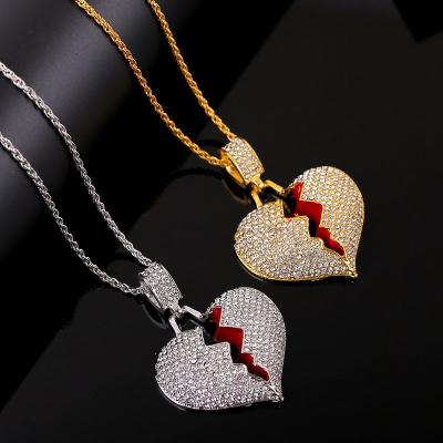 China Wholesale Hiphop Rhinestone Micro Full Pave Crystal Alloy Pendant Broken Heart Mens Necklace Jewelry Fashion Necklaces for sale