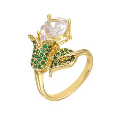 China CLASSIC Design High Quality Flower Butterfly Cubic Zircon Rings 14K Gold Plated Open Ring Crystal Plant Girls Fashion Jewelry For Women for sale