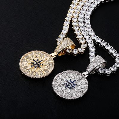 China Men's Hiphop Hip Hop Zircon Necklace Diamond Jewelry Brass Iced Out Fashion Vintage Gold Compass Pendant Necklaces for sale