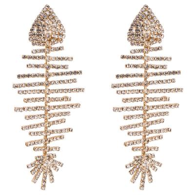 China Fashion Fishbone Shape Earrings Exaggerated Multilayer Full Rhinestone Gold Silvery Fishbone Shape Female Earrings Fashion Earrings for sale