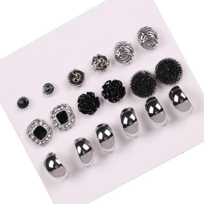 China Fashion Style Multiple Earring Sets New Style Black Stud Earring Set For Women Hot-selling Cute Flower Mixed Alloy Earring Sets 9 Pairs for sale