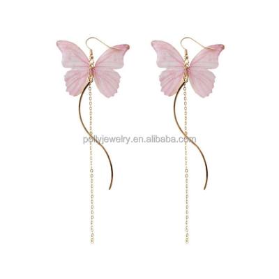 China 2019 Summers Hot Sale Design Long Elegant Gold Chain Butterfly Earrings Beautiful New Hanging Long Fabric Butterfly Earrings Blue Pink Color for sale