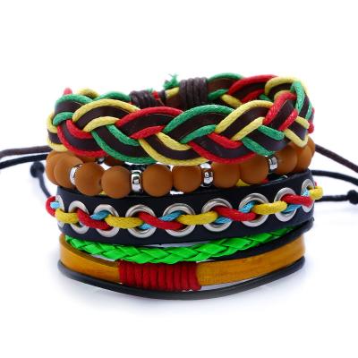 China Mens Punk Multi Layer Folk-custom Red Yellow Green Leather Bracelet Set Jamaican Bracelet for sale