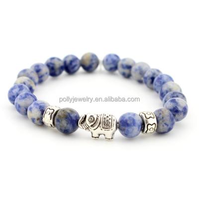 China Fashion New Design Silver Elephant Natural Stone Charm Dot Stone Beaded Bracelet Natural Blue Stone Bead Stretch Bracelets Fashion Stretch Bracelets for sale