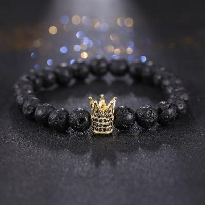 China New Ethnic Lava Stone Beads CZ Crown Bracelet Couples His and Hers Lovers Lava Stone Bead Bracelet for sale