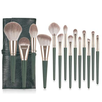 China Angular Blush New Professional Custom Makeup 14pcs Green High Quality Soft Brush Set With Black PU Bag for sale