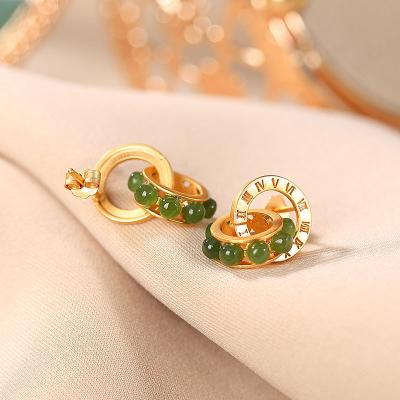 China Vintage Fashion Sterling Silver Gold Plated Pea Pod Jasper Inlaid Superior Women's Jewelry Natural Creative Ladies Earrings for sale