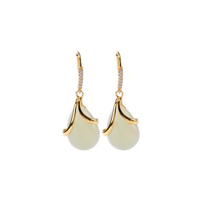 China New vintage Hetian gold plated jade personality drop shape sterling silver simple earrings charm senior women's jewelry for sale