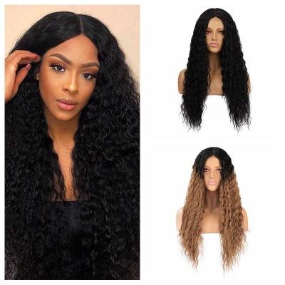 China 2021 African Wave Synthetic Fiber Wigs Curly Hair Lace Front Wigs Ladies Black Gradient Cap Half Length Silky Straight High Curly Hair For Women for sale