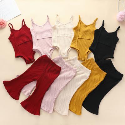 China Cotton 100% 2021 Autumn Winter Cotton Sling Babies Clothing Knitted Solid Color Vest Rompers + Flare Pants 2pcs Pants Set Kid Girls Cl for sale