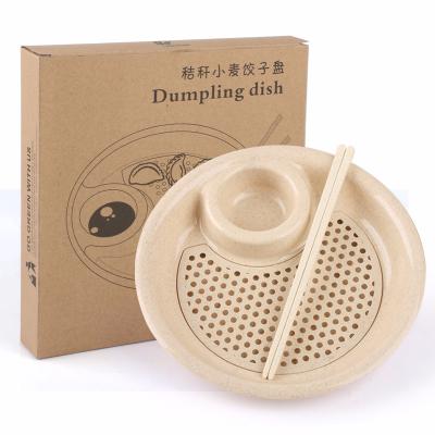 China Household Novelty Disposable Wheat Straw Dumpling Dish Double Layer Draining Microwave Dumpling Plates With Vinegar Dish for sale