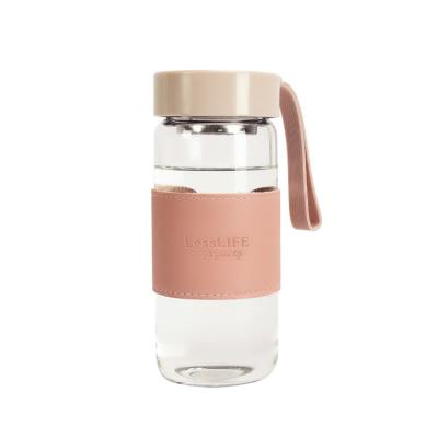 China Sustainable 480ml Glass Water Bottles Leather Sleeve Insulated Stainless Steel Reusable Portable Leakproof Lids Water Drinking Bottles for sale