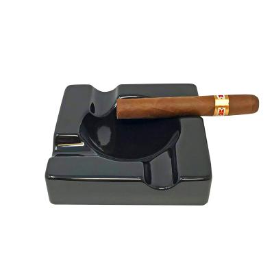 China Round Black Glossy Outdoor Ceramic Ash Trays Cigar Rest Cigar Cigarette Ashtrays For Patio Indoor Home Office for sale