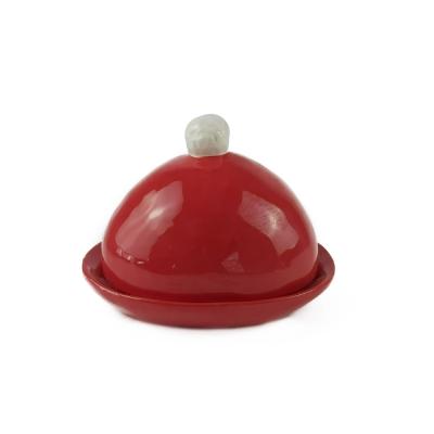 China Sustainable Christmas Red Christmas Round Ceramic Butter Dish With Lid Cover for sale