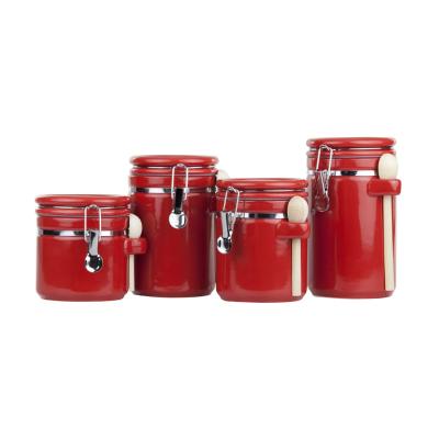 China Sustainable Red Airtight Kitchen Coffee Tea Sugar Ceramic Canister Storage Jar Set With Spoon for sale