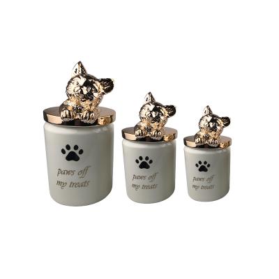 China 500ml Small Golden Cat Shape Animal Ceramic Unique Viable Porcelain Canister Mason Candy Storage Tight Jars With Lids for sale