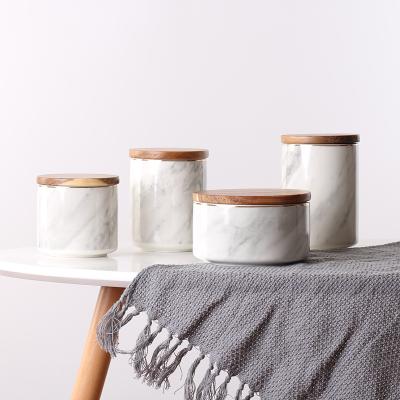 China Europe New Product Luxury Custom Unique Marble Ceramic Kitchen Storage Jar With Wooden Lid for sale