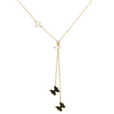 China TRENDY Two Side Tone Tassel Butterfly 18K Gold Plated Stainless Steel Necklace For Women for sale